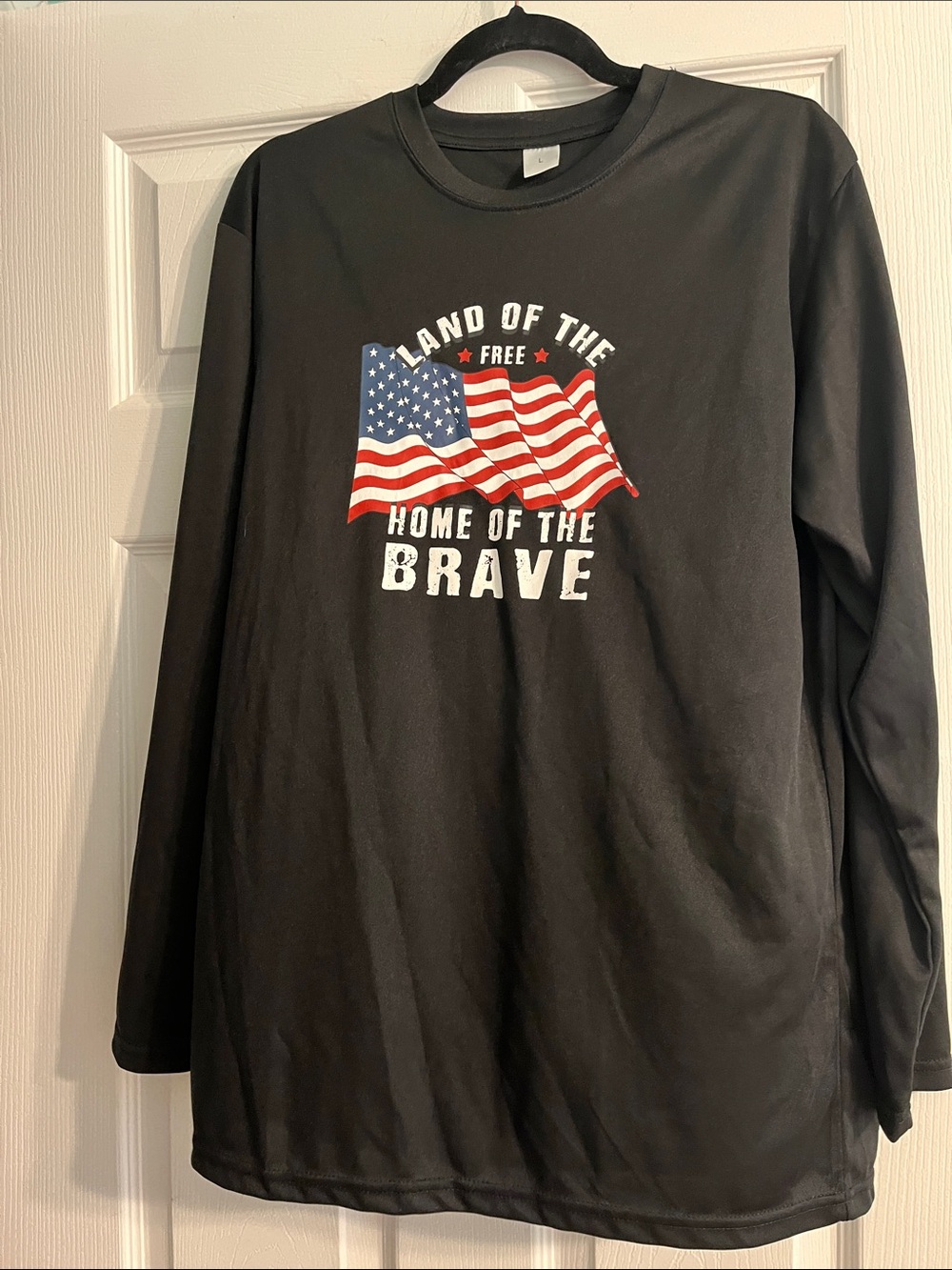 Mens Black Long-Sleeve Tee with American Flag Graphic